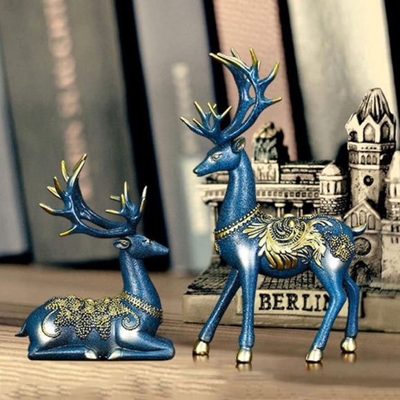 2 Pc Elk Deer Blue Holiday Decor Statues - Picture 7 of 12